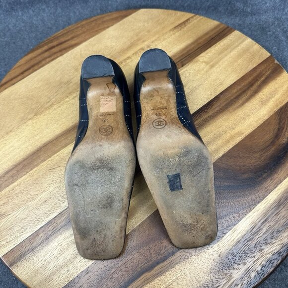 Chanel Womens Pumps Blue Leather Sz 36/6 Mark Punch CC Logo Heels Square Toe - Picture 11 of 16